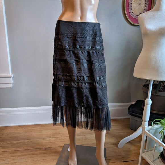 Vintage 90s Y2K Express Midi Skirt Black Lace Tiered Fairycore Whimsygoth 3 - Picture 8 of 11